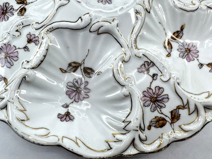 Antique Floral Porcelain Rococo Six Well Oyster Plate A974