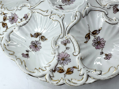 Antique Floral Porcelain Rococo Six Well Oyster Plate A974