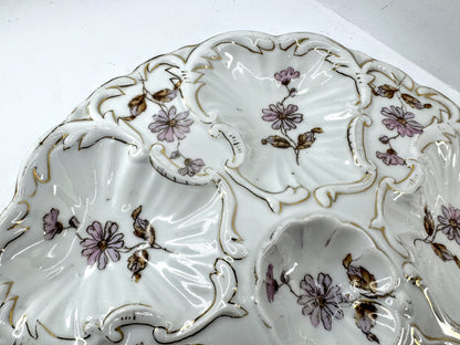 Antique Floral Porcelain Rococo Six Well Oyster Plate A974