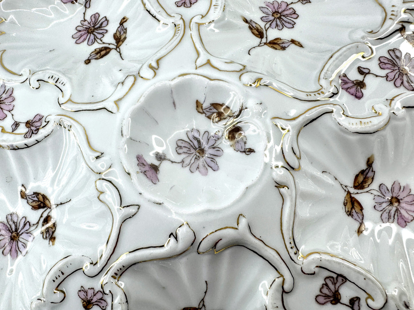 Antique Floral Porcelain Rococo Six Well Oyster Plate A974