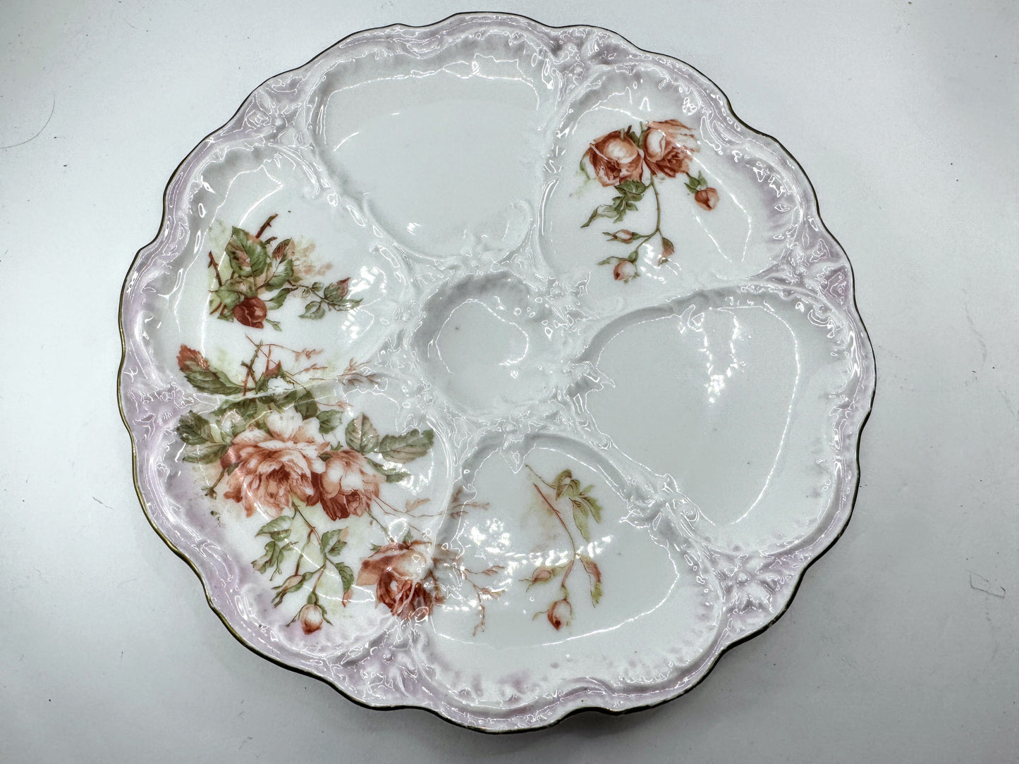 Antique Porcelain Pink Rose Five Well Oyster Plate Lavender Gilt Rim A975