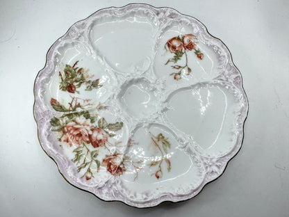 Antique Porcelain Pink Rose Five Well Oyster Plate Lavender Gilt Rim A975