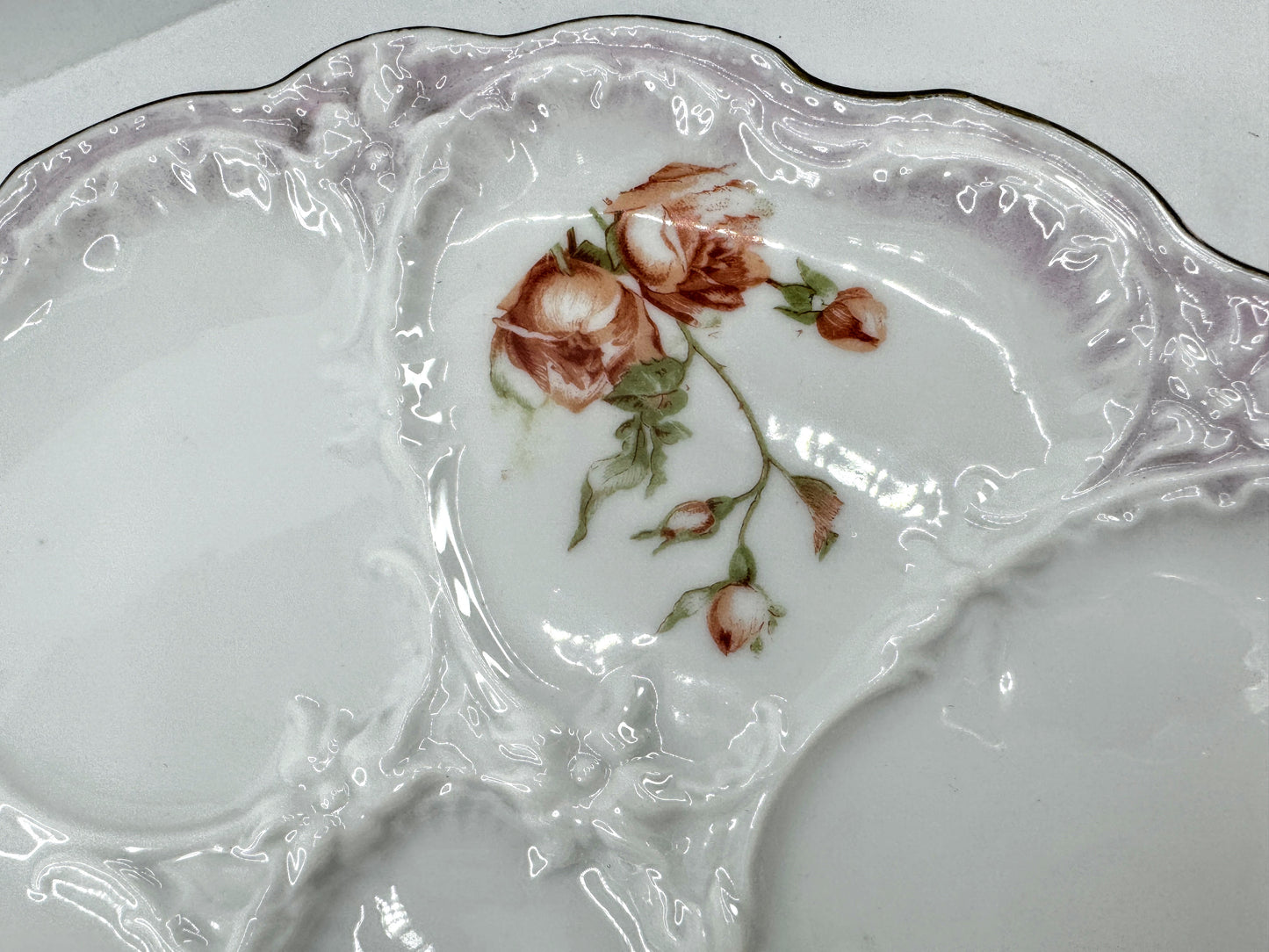 Antique Porcelain Pink Rose Five Well Oyster Plate Lavender Gilt Rim A975