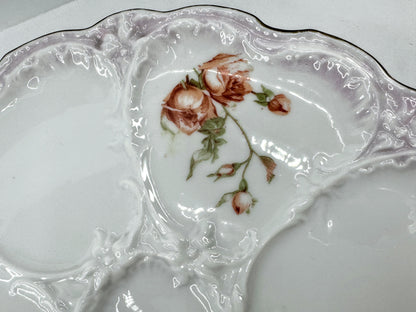 Antique Porcelain Pink Rose Five Well Oyster Plate Lavender Gilt Rim A975