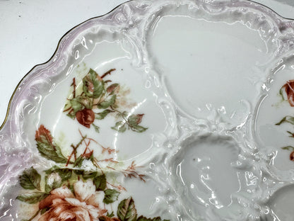 Antique Porcelain Pink Rose Five Well Oyster Plate Lavender Gilt Rim A975