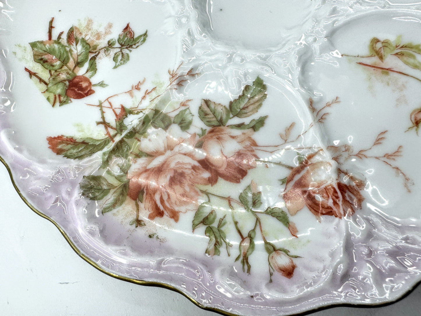 Antique Porcelain Pink Rose Five Well Oyster Plate Lavender Gilt Rim A975