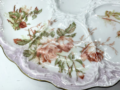 Antique Porcelain Pink Rose Five Well Oyster Plate Lavender Gilt Rim A975