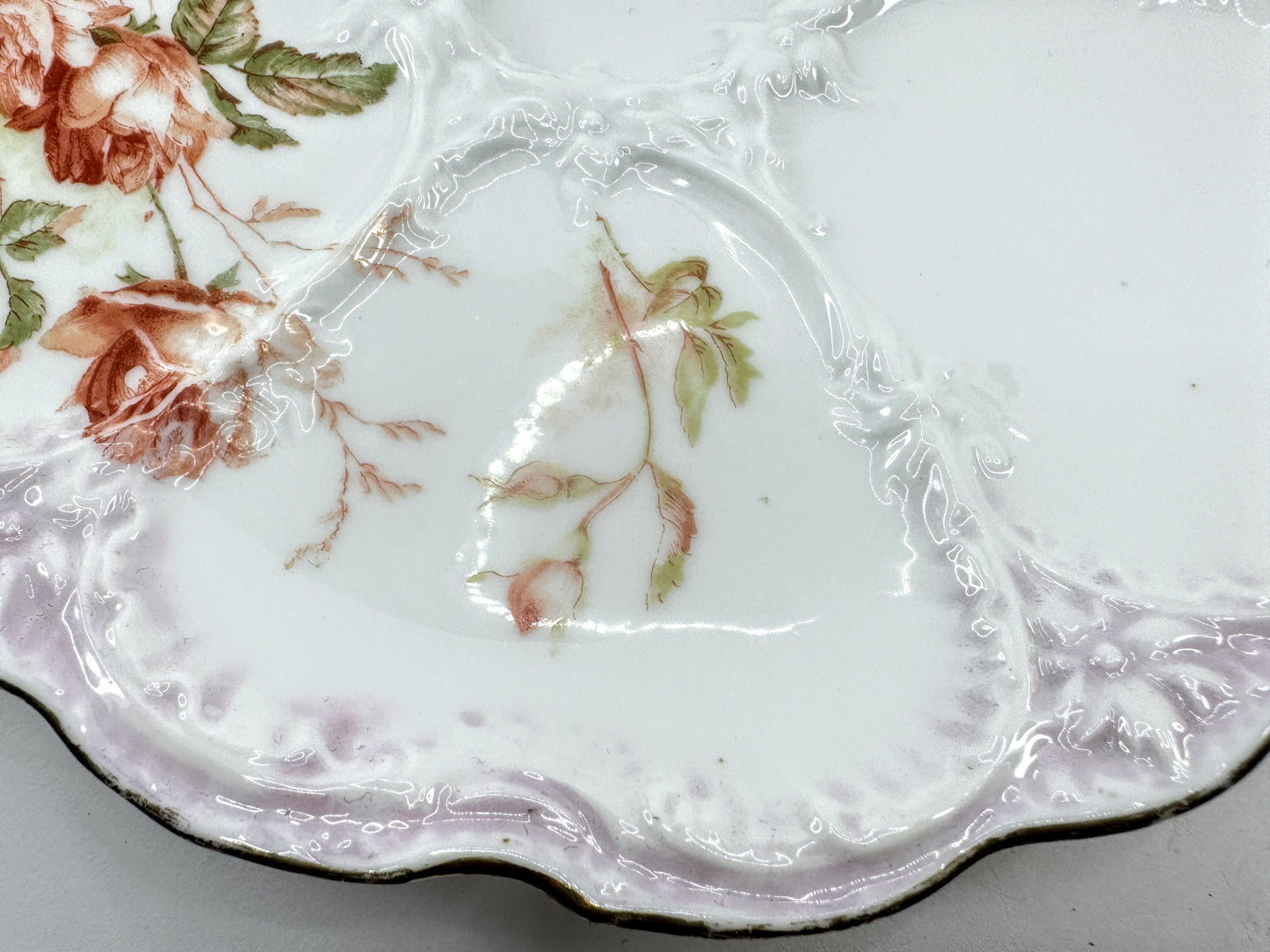 Antique Porcelain Pink Rose Five Well Oyster Plate Lavender Gilt Rim A975