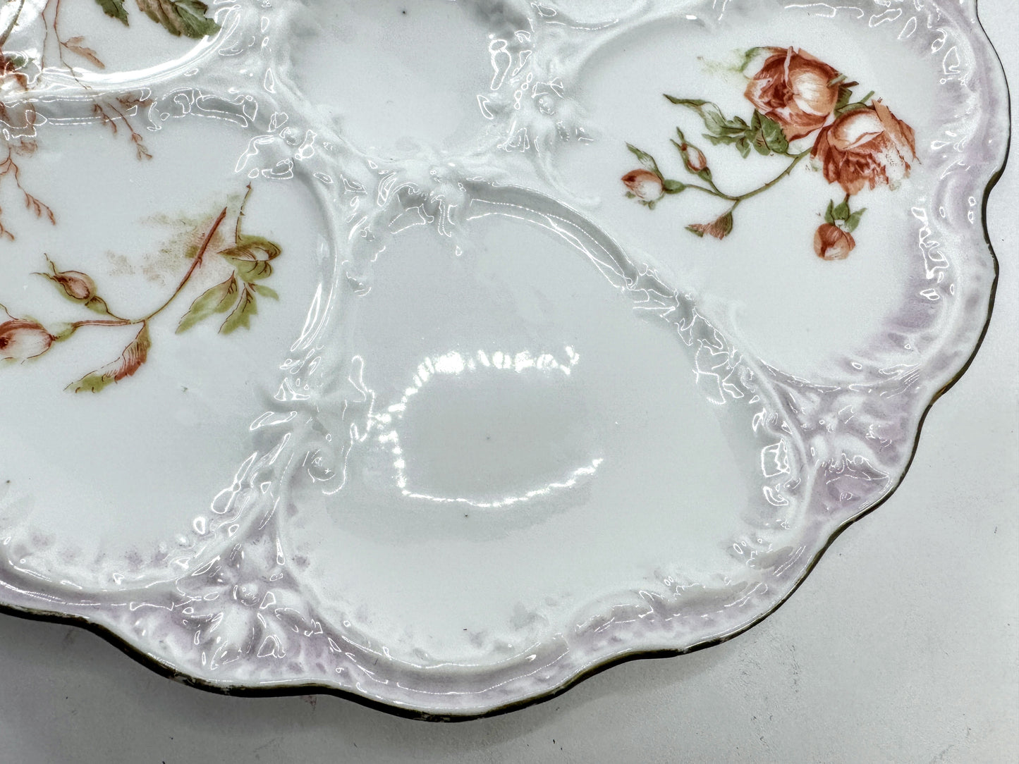 Antique Porcelain Pink Rose Five Well Oyster Plate Lavender Gilt Rim A975