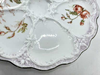 Antique Porcelain Pink Rose Five Well Oyster Plate Lavender Gilt Rim A975