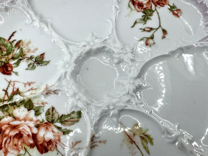 Antique Porcelain Pink Rose Five Well Oyster Plate Lavender Gilt Rim A975