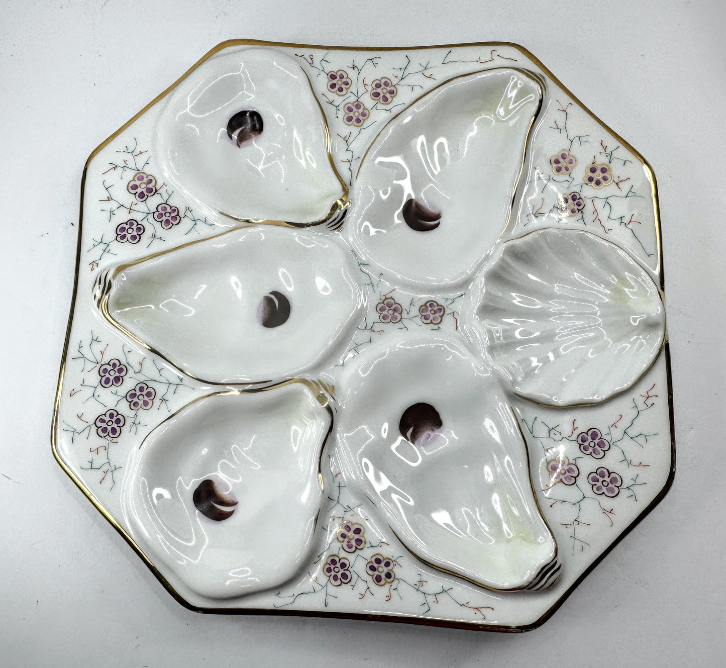 Antique Porcelain Floral Gilt Octagonal Six Well Oyster Serving Plate A976