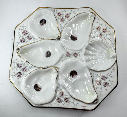 Antique Porcelain Floral Gilt Octagonal Six Well Oyster Serving Plate A976