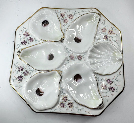 Antique Porcelain Floral Gilt Octagonal Six Well Oyster Serving Plate A976