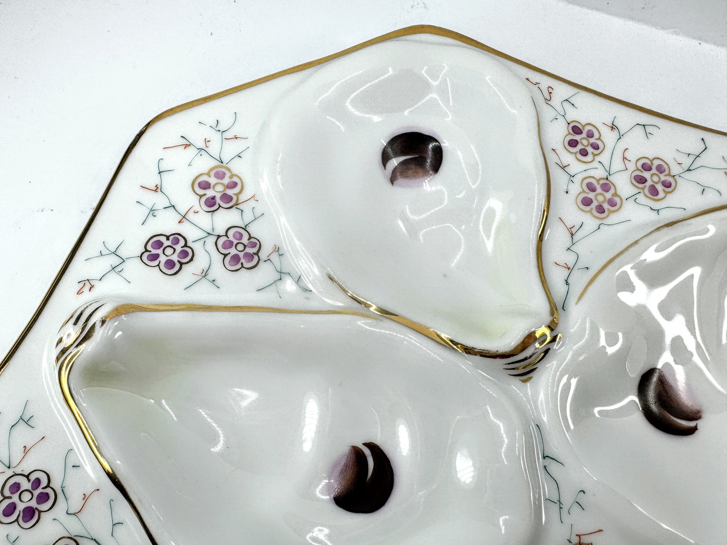 Antique Porcelain Floral Gilt Octagonal Six Well Oyster Serving Plate A976