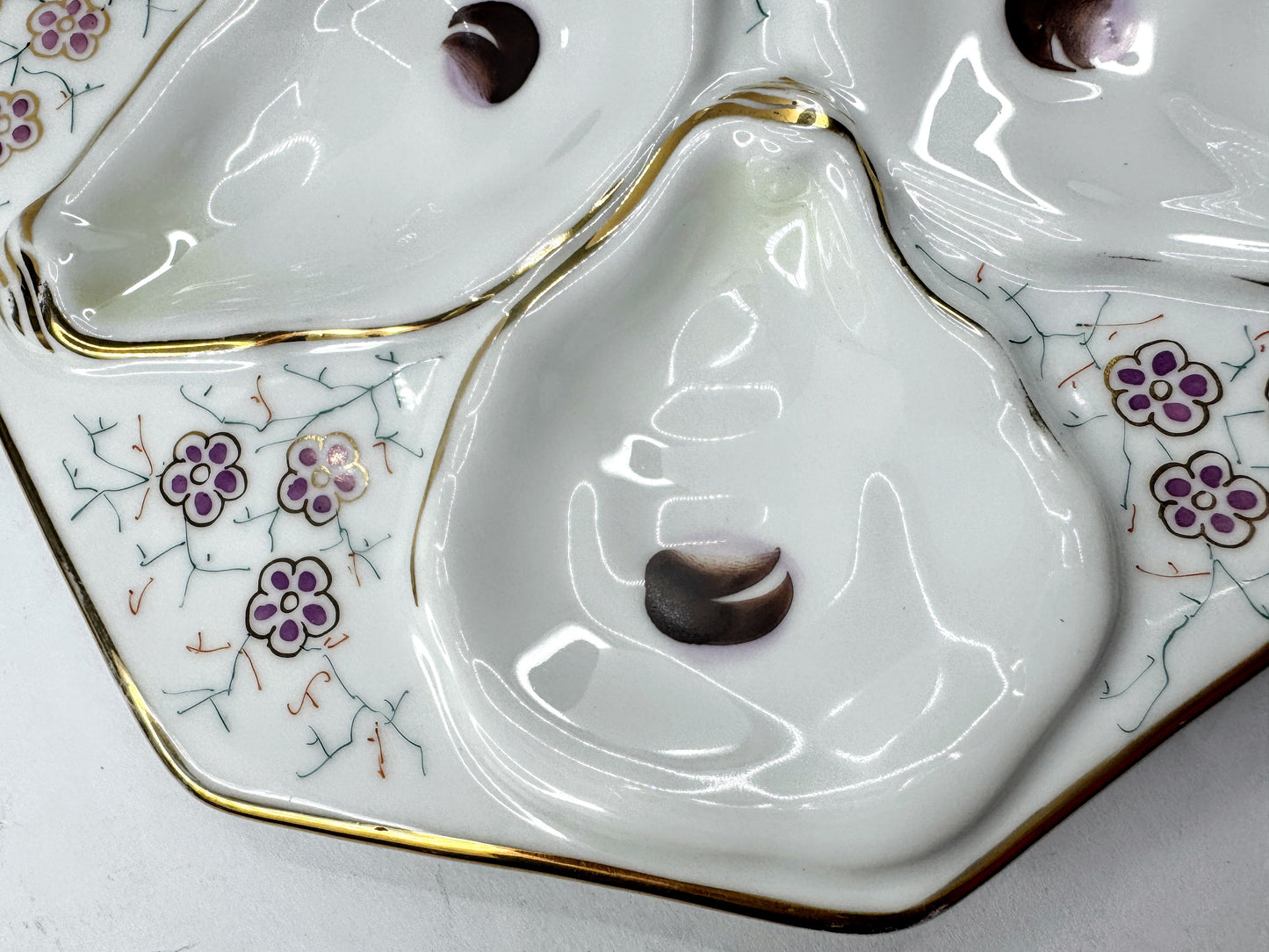 Antique Porcelain Floral Gilt Octagonal Six Well Oyster Serving Plate A976