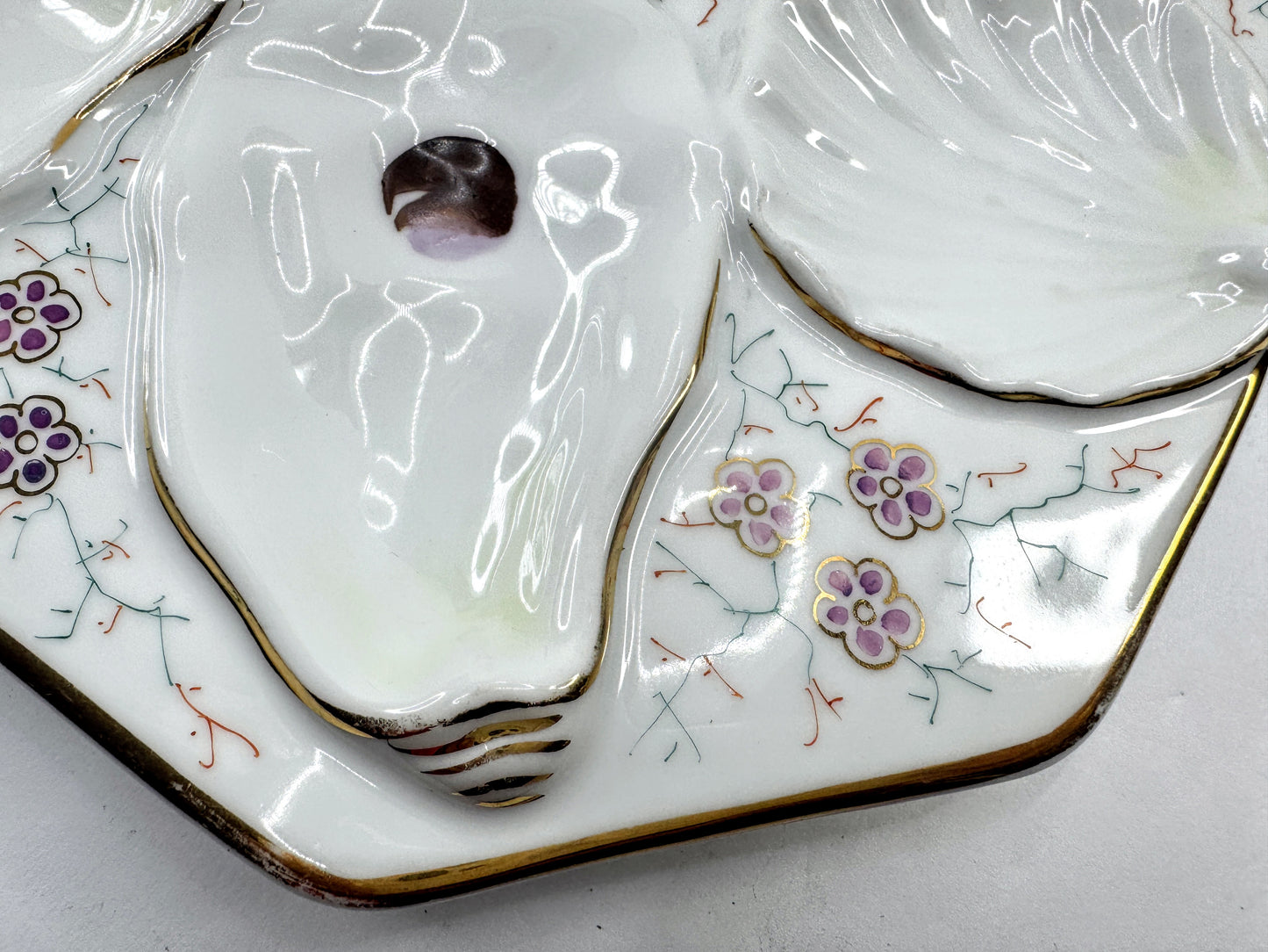 Antique Porcelain Floral Gilt Octagonal Six Well Oyster Serving Plate A976