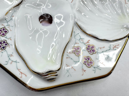 Antique Porcelain Floral Gilt Octagonal Six Well Oyster Serving Plate A976