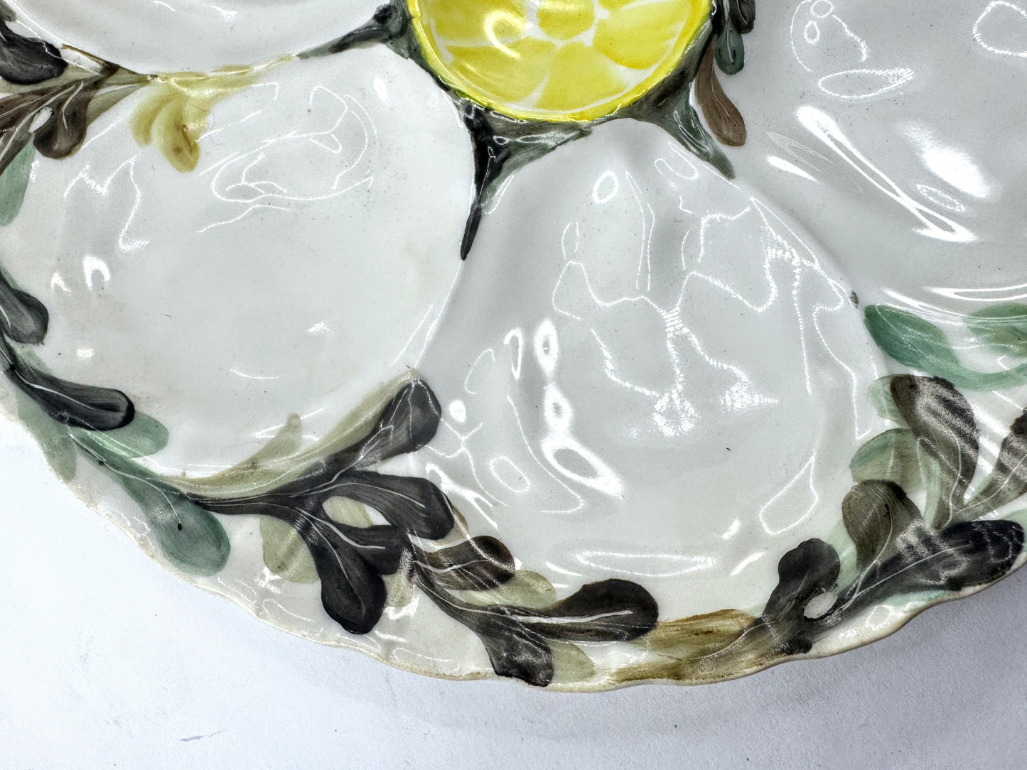 Antique French Porcelaine de Paris Lemon Majolica Oyster Plate 9" A977