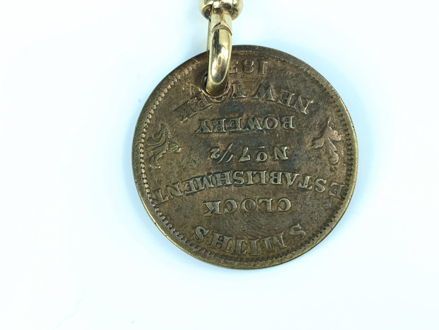 Antique 14K texture Pocket watch chain & 1837 "Hard Times" token 44.3g JR9168