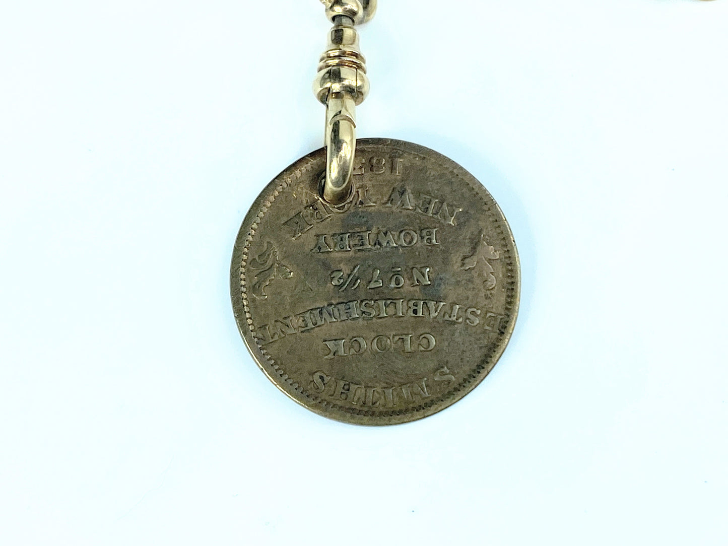 Antique 14K texture Pocket watch chain & 1837 "Hard Times" token 44.3g JR9168