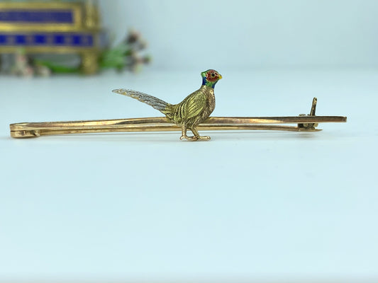 Early 20th century 15ct/Platinum Enamel Pheasant Bird pin 3.6g 2 3/8" JR9975