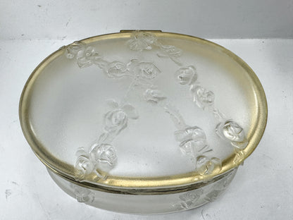Vintage Lalique Coppelia Frosted Crystal Rose hinged Oval Jewelry Mint Box A979