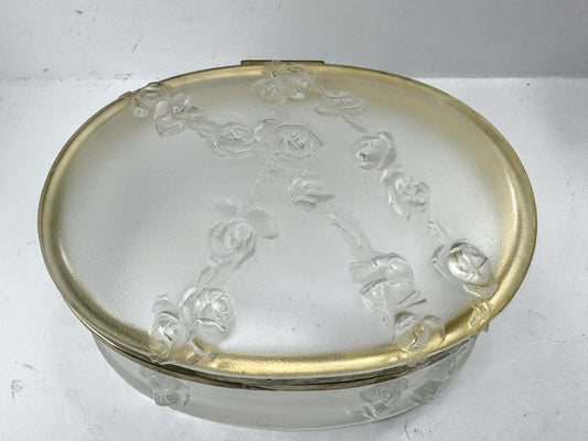 Vintage Lalique Coppelia Frosted Crystal Rose hinged Oval Jewelry Mint Box A979