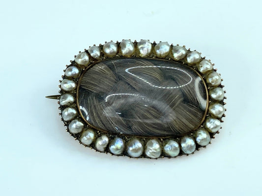 15K Georgian Mourning Brooch natural Seed Pearls Hair Under Crystal 6.3g JR9977