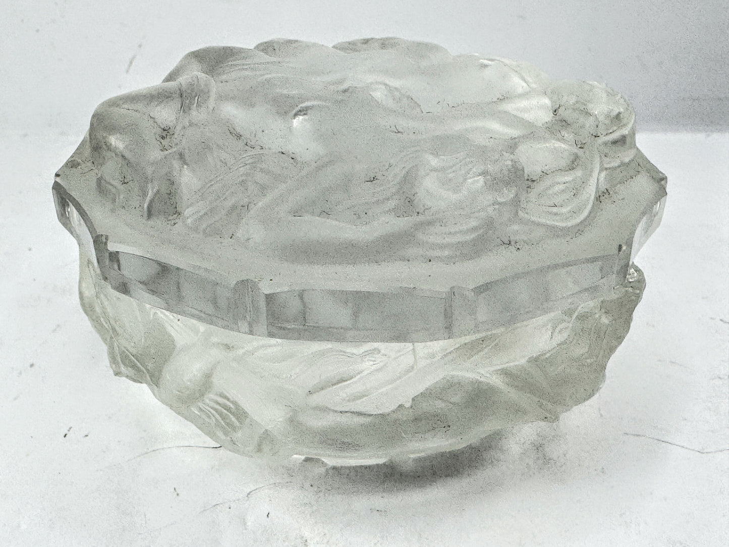 Vintage Lalique Frosted Crystal Nude Figure Covered Trinket Box Mint A980
