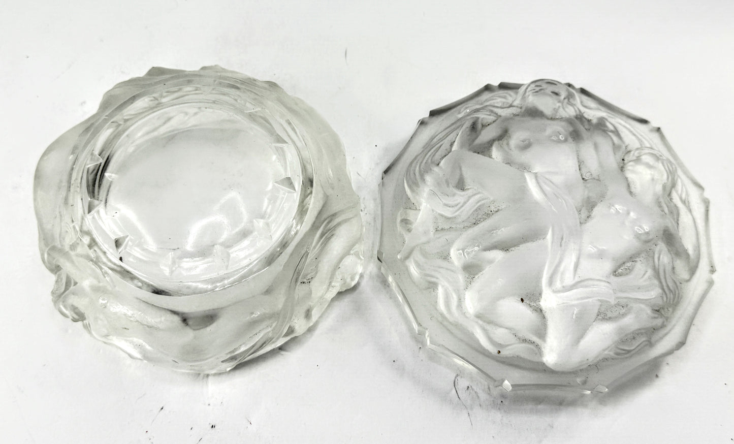 Vintage Lalique Frosted Crystal Nude Figure Covered Trinket Box Mint A980