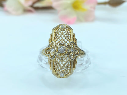 Art Deco Filigree ring 0.17ct round cut Diamond in 14k gold 3.1g JR9347