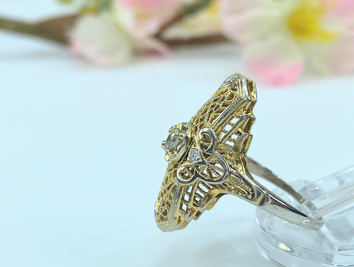 Art Deco Filigree ring 0.17ct round cut Diamond in 14k gold 3.1g JR9347