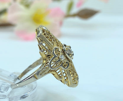 Art Deco Filigree ring 0.17ct round cut Diamond in 14k gold 3.1g JR9347