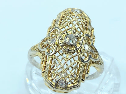 Art Deco Filigree ring 0.17ct round cut Diamond in 14k gold 3.1g JR9347