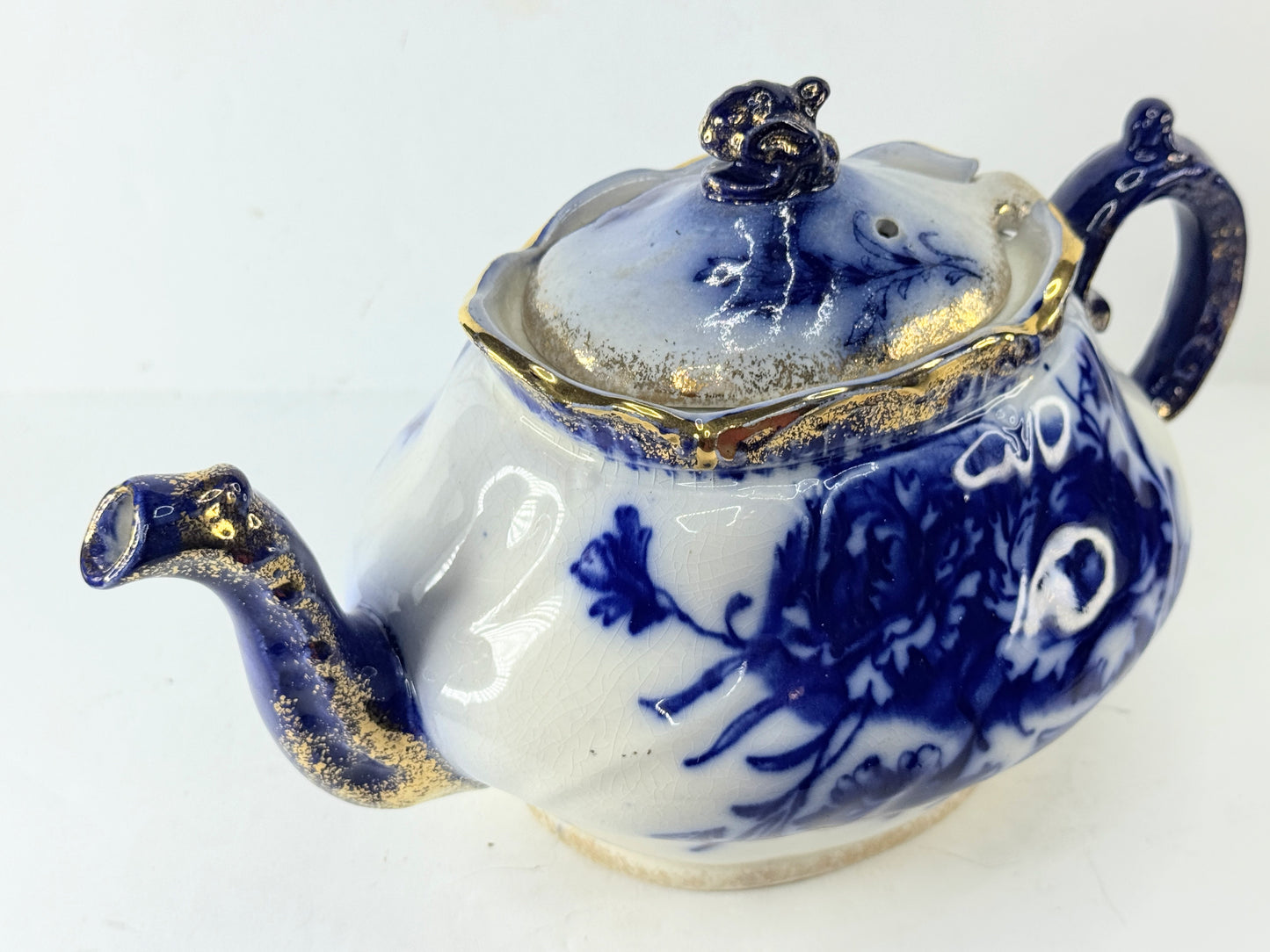Antique Japanese Nippon Flow Blue Gold Gilt Porcelain Teapot A997