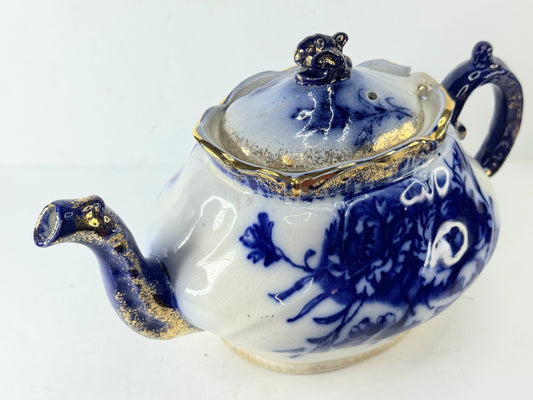 Antique Japanese Nippon Flow Blue Gold Gilt Porcelain Teapot A997
