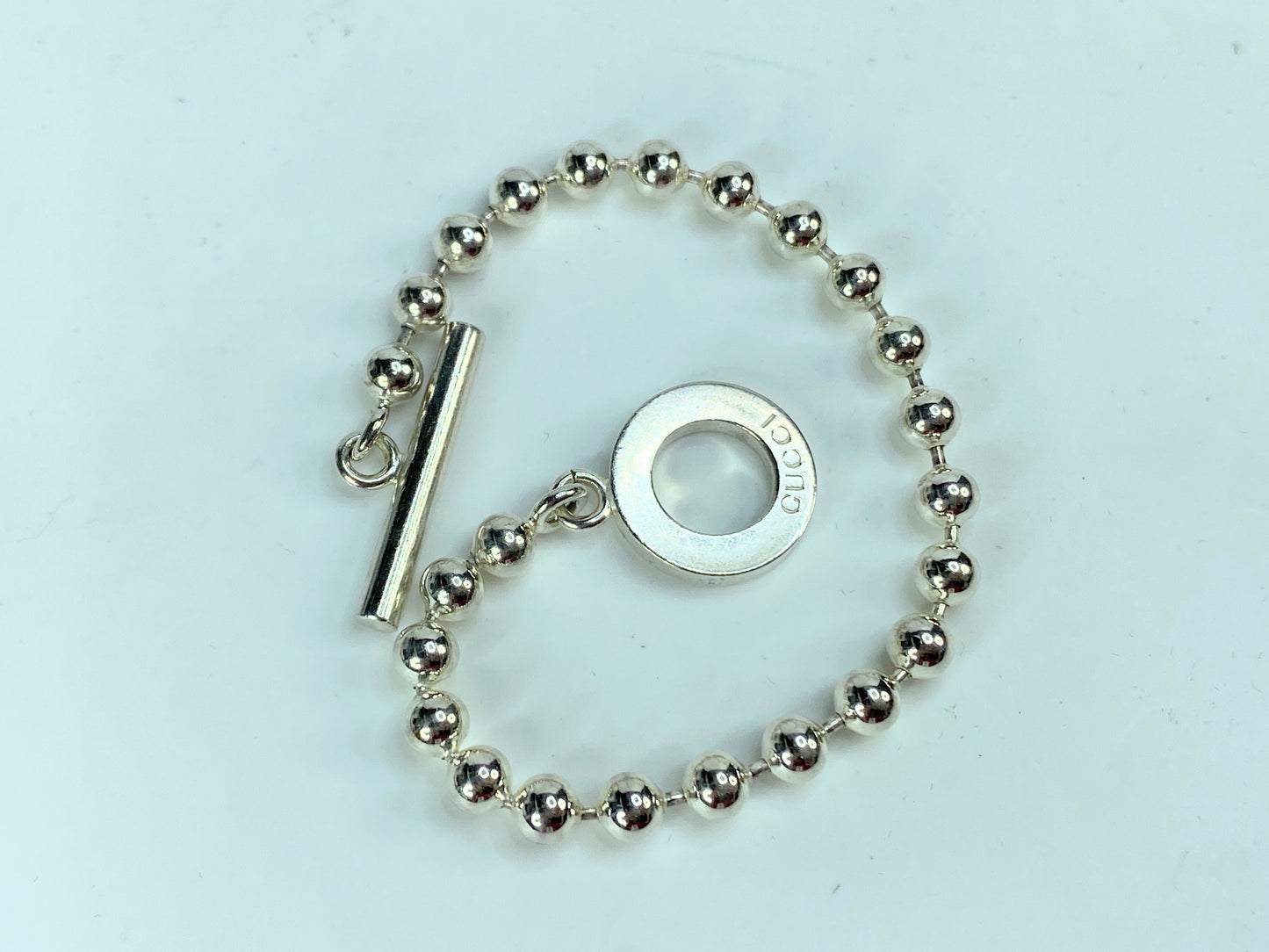 Vintage Gucci Sterling Silver Beaded Chain Circle Toggle clasp bracelet JR1088