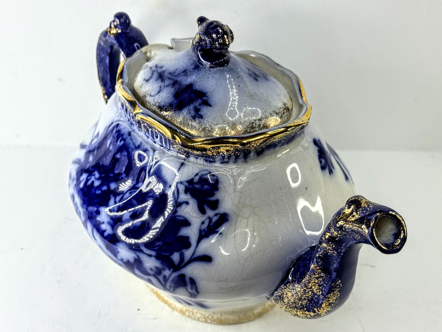 Antique Japanese Nippon Flow Blue Gold Gilt Porcelain Teapot A997