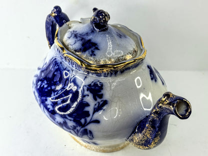Antique Japanese Nippon Flow Blue Gold Gilt Porcelain Teapot A997