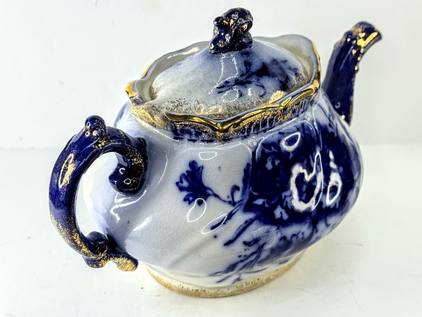 Antique Japanese Nippon Flow Blue Gold Gilt Porcelain Teapot A997