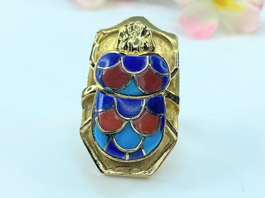 LB Exclusive 18K Lapis, Turquoise, and Coral Scarab Cocktail Ring JR9284