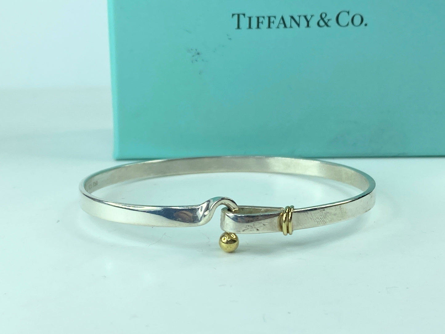 Tiffany & Co Sterling Silver 18K Gold Hook Eye Tension Bangle Bracelet JR695