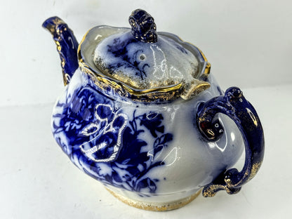 Antique Japanese Nippon Flow Blue Gold Gilt Porcelain Teapot A997
