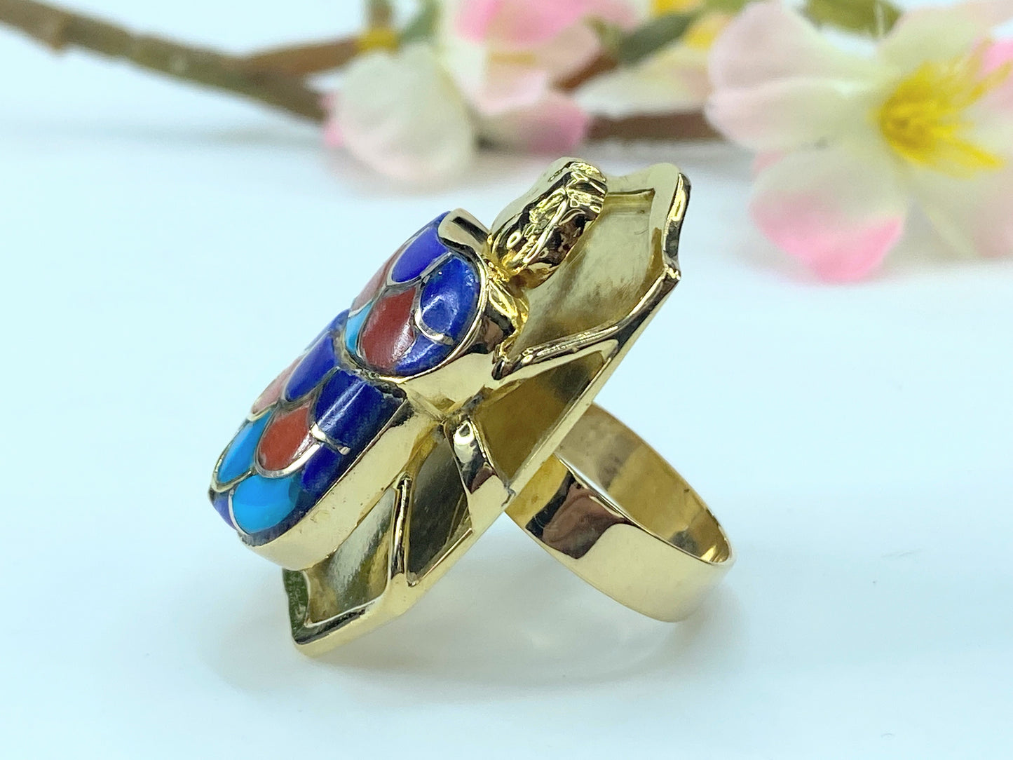 LB Exclusive 18K Lapis, Turquoise, and Coral Scarab Cocktail Ring JR9284