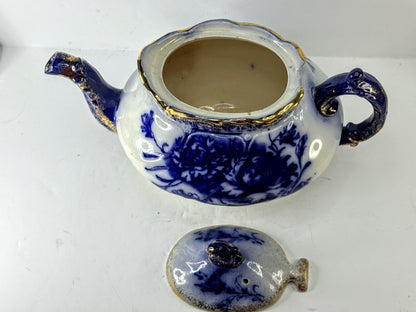 Antique Japanese Nippon Flow Blue Gold Gilt Porcelain Teapot A997