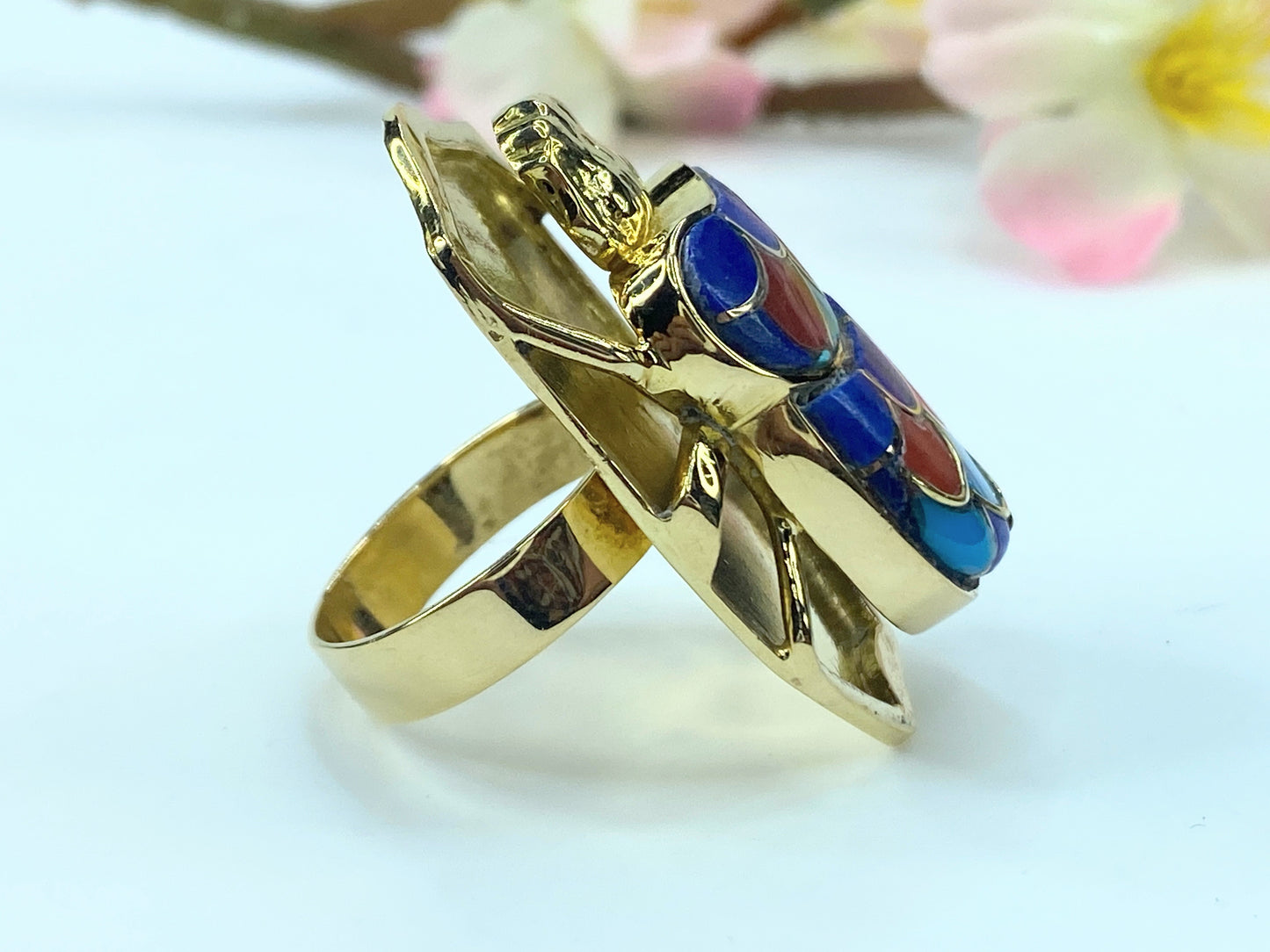 LB Exclusive 18K Lapis, Turquoise, and Coral Scarab Cocktail Ring JR9284