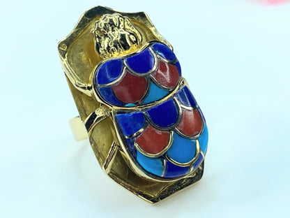 LB Exclusive 18K Lapis, Turquoise, and Coral Scarab Cocktail Ring JR9284