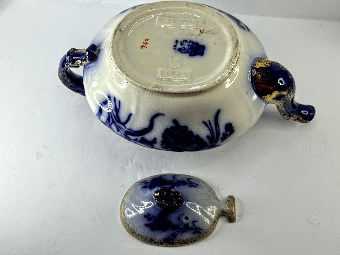 Antique Japanese Nippon Flow Blue Gold Gilt Porcelain Teapot A997
