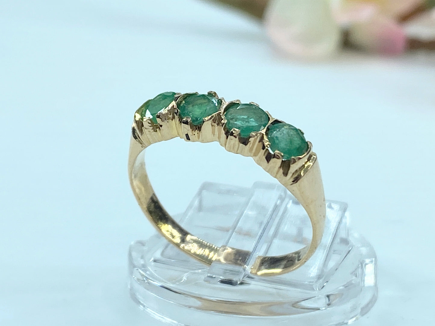 Art Deco 18K yellow gold 1.15ct round Emerald four stones ring s8.5 JR9360